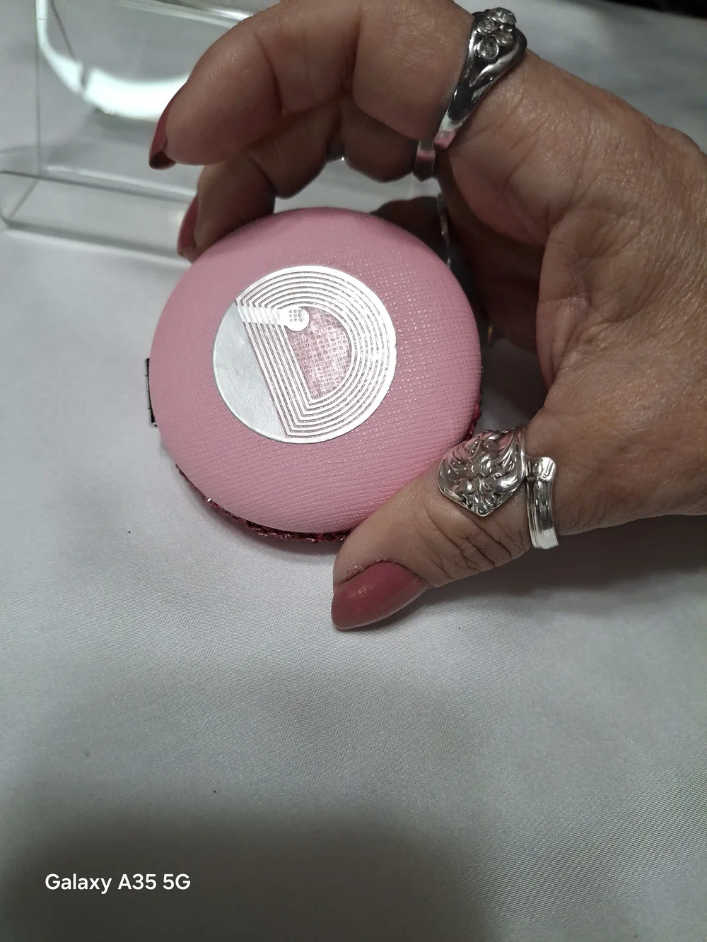 Luxury Inspired Pink Rhinestone Round Accent Interlocking Compact Mirror Logo